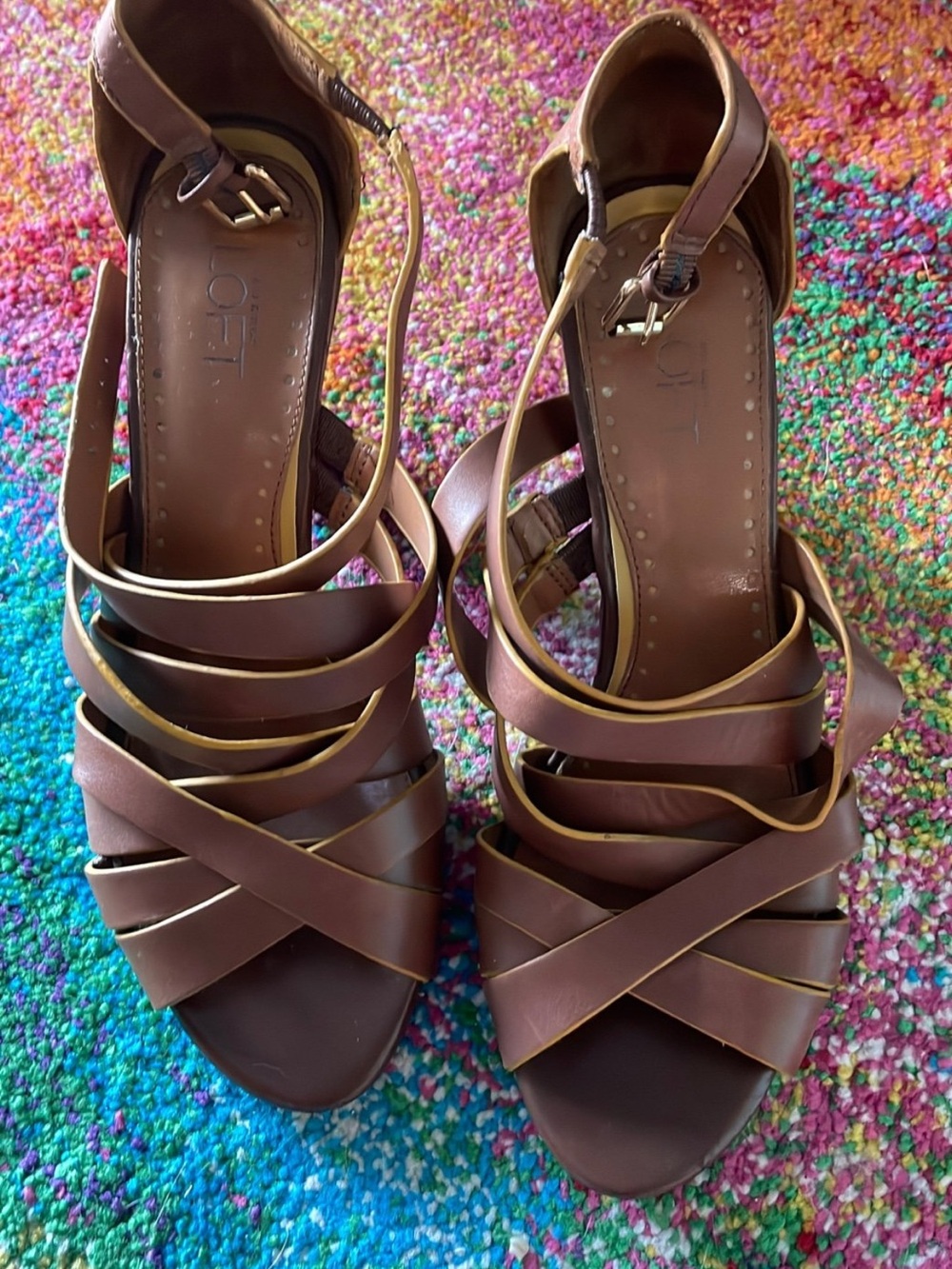 Ann Taylor Brown Strappy Wedge Sandals